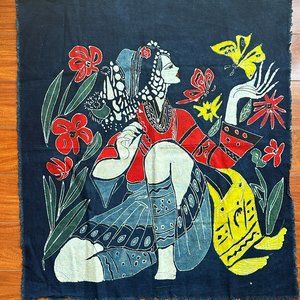 Indigo Woven 32" x29" Printed Cloth, Woman, Floral, China Ethnic Minority Group